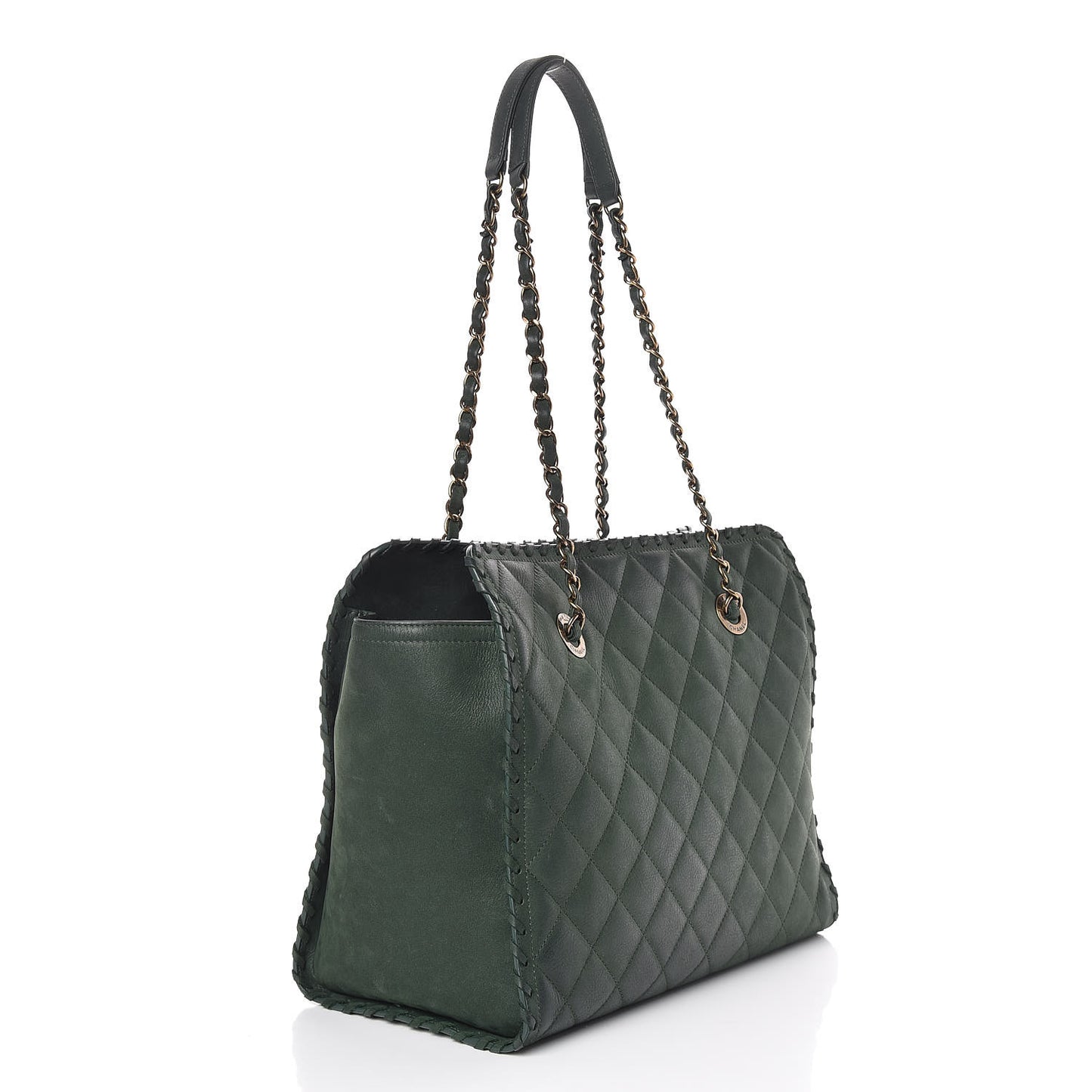 Iridescent Calfskin Quilted Happy Stitch Shopping Tote Green