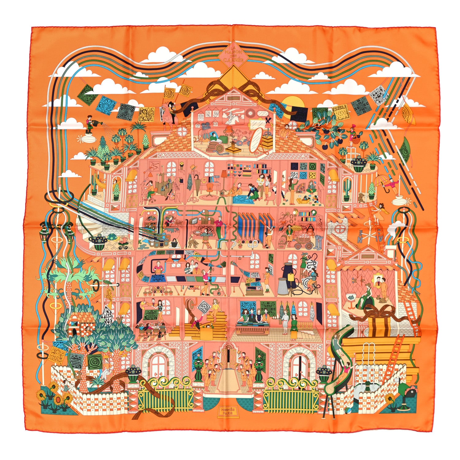 Hermes Silk La Maison Des Carres Scarf 90 Orange Saumon Vert 1 of 5