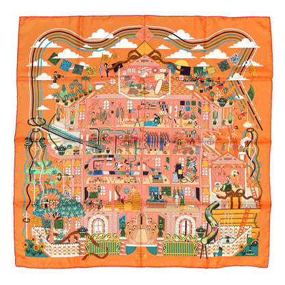 Hermes Silk La Maison Des Carres Scarf 90 Orange Saumon Vert 1 of 5