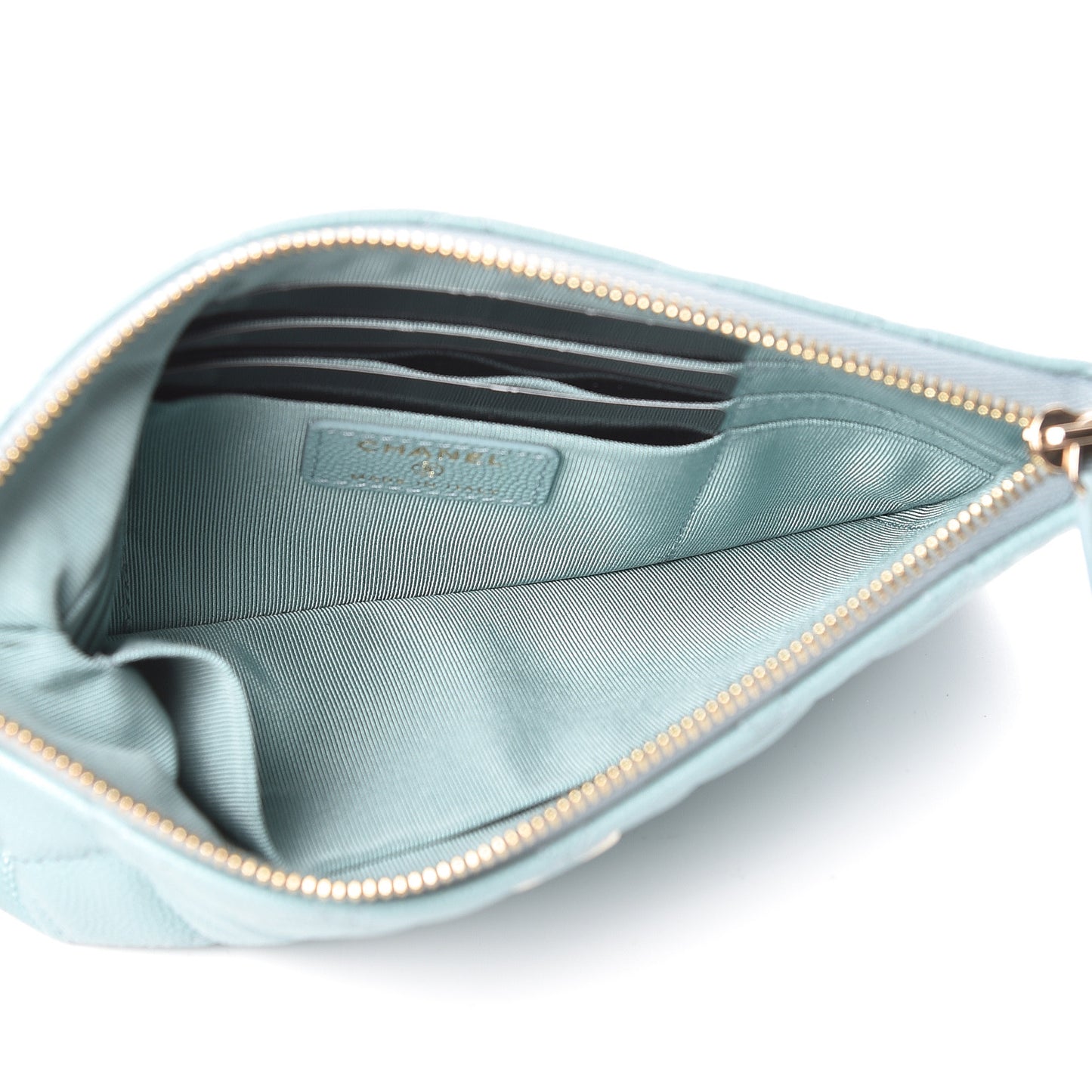 Iridescent Caviar Quilted Cosmetic Case Light Blue