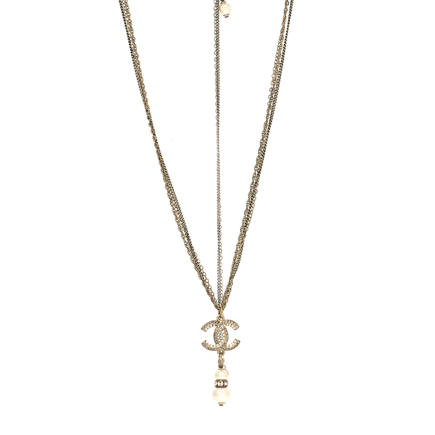 Chanel Crystal CC Pearl Drop Necklace Gold 1 of 5