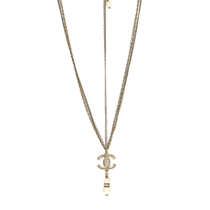 Chanel Crystal CC Pearl Drop Necklace Gold 1 of 5