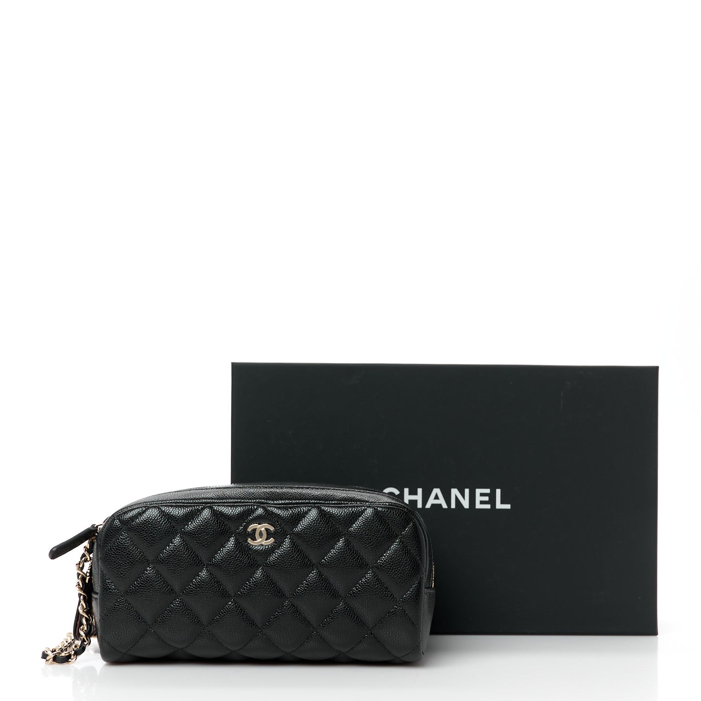 Caviar Quilted Toiletry Case With Chain Black