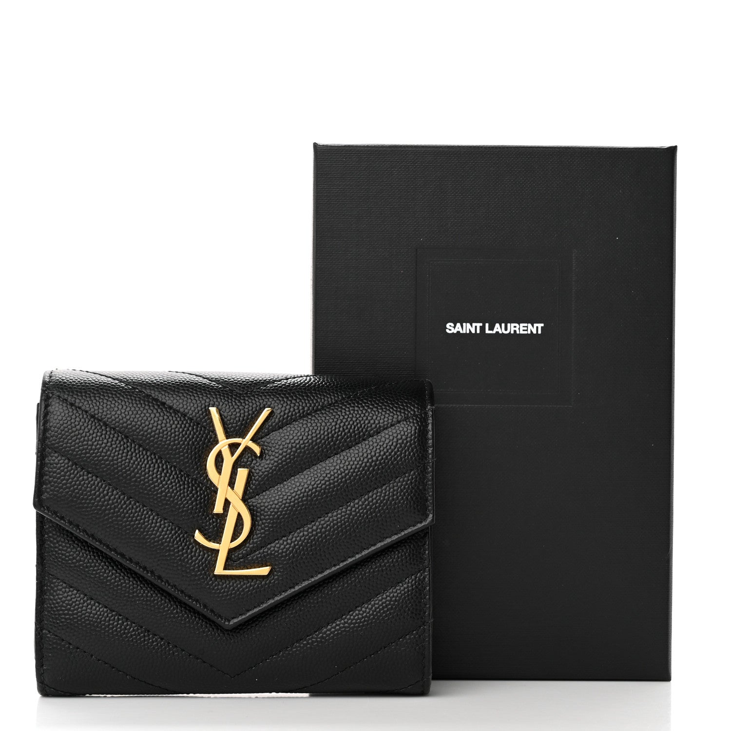 Saint Laurent Grain De Poudre Matelasse Chevron Monogram Compact Tri Fold Wallet Black 11 of 11