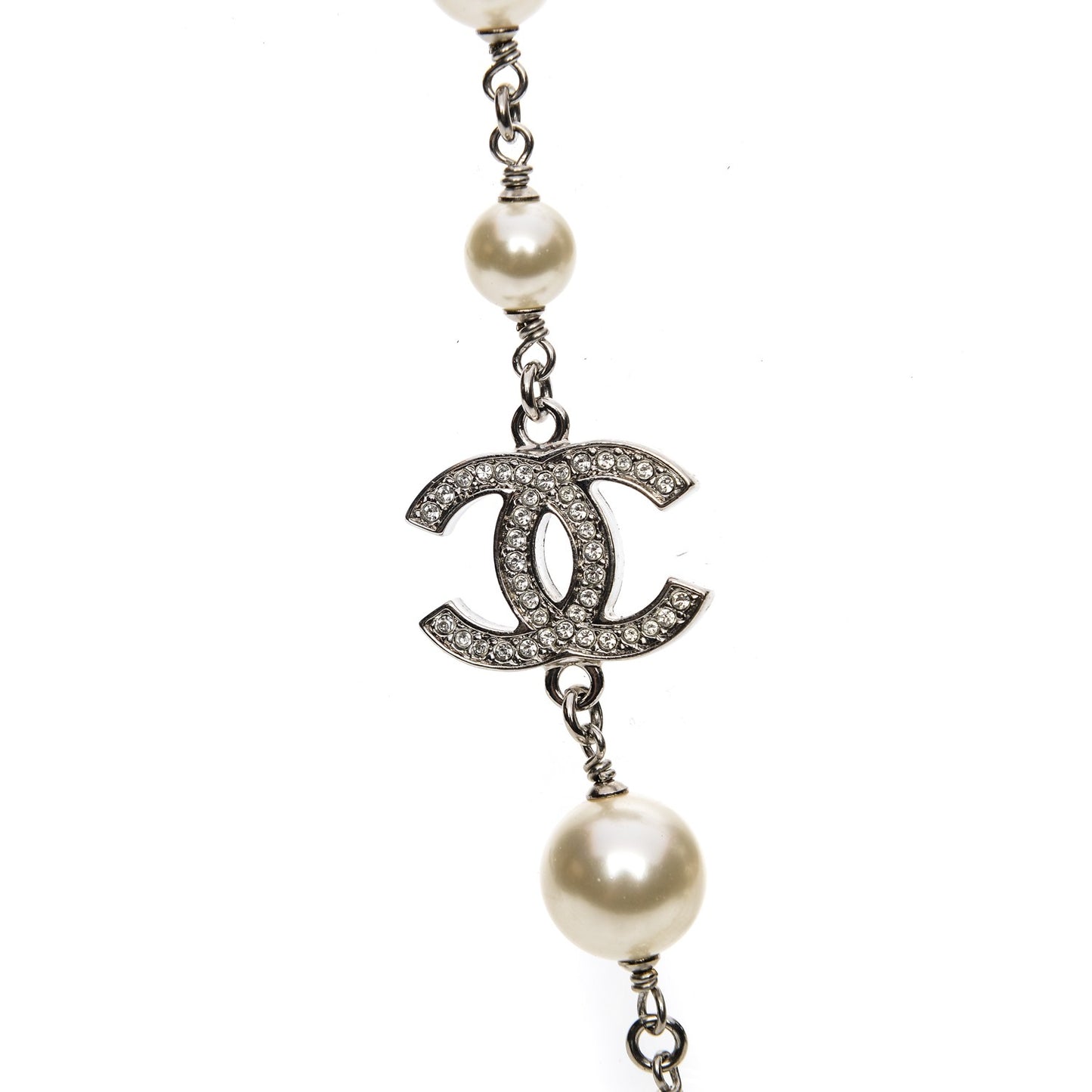 Crystal Pearl CC Long Necklace Silver