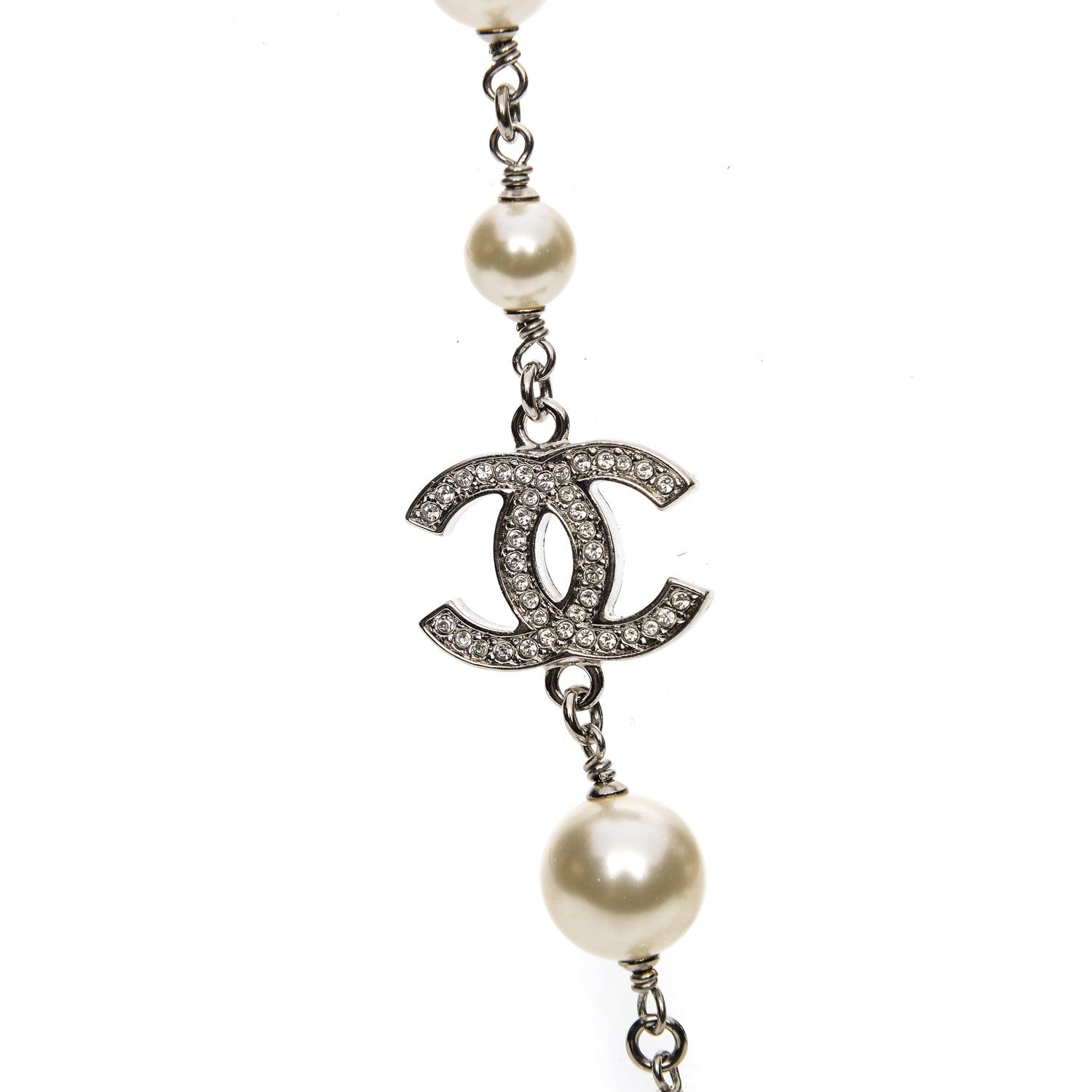 Chanel Crystal Pearl CC Long Necklace Silver 3 of 6