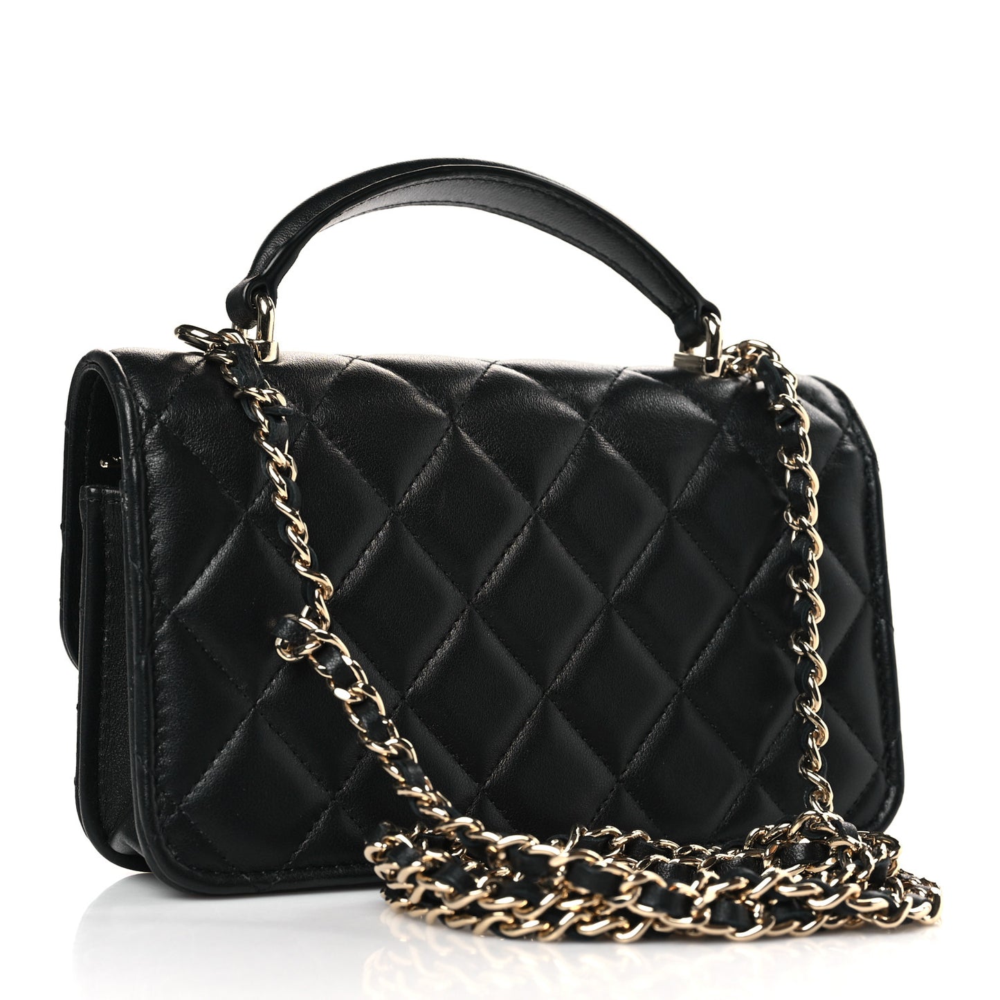 Lambskin Quilted Flap Phone Holder With Chain Black