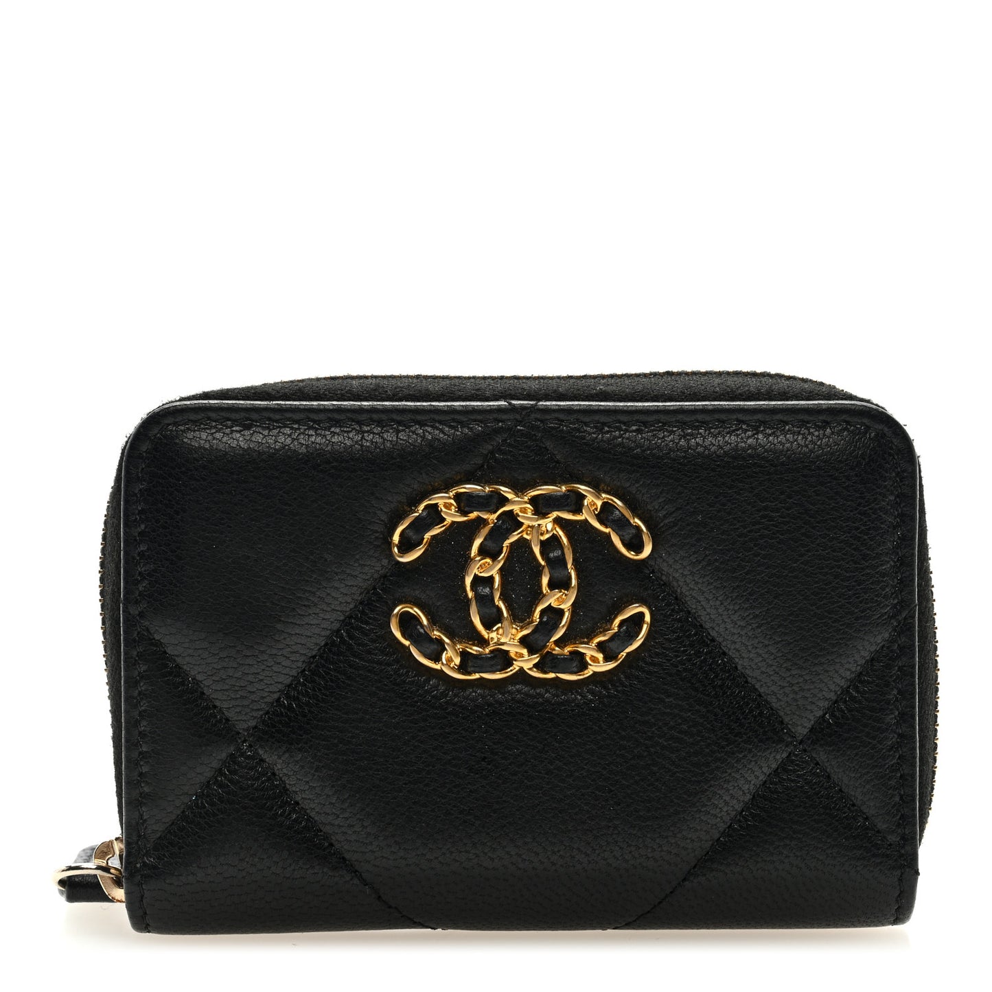 Goatskin Quilted Chanel 19 Zip Around Coin Purse Wallet Black