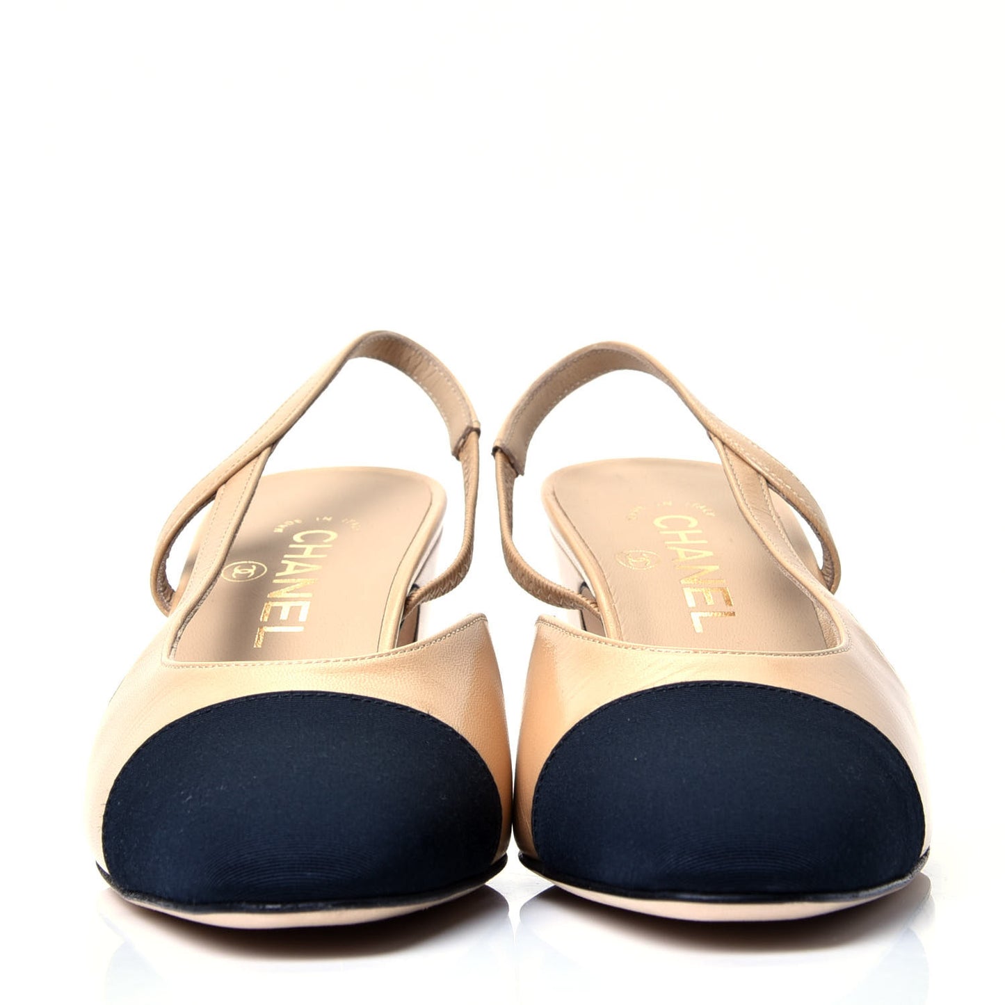 Goatskin Grosgrain Cap Toe CC Slingback Pumps 38.5 Beige Black