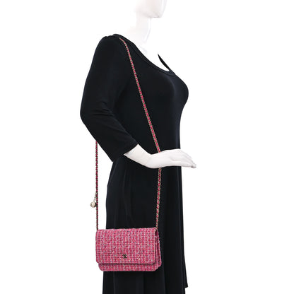 Chanel Tweed Quilted Wallet On Chain WOC Pink Blue White 2 of 11