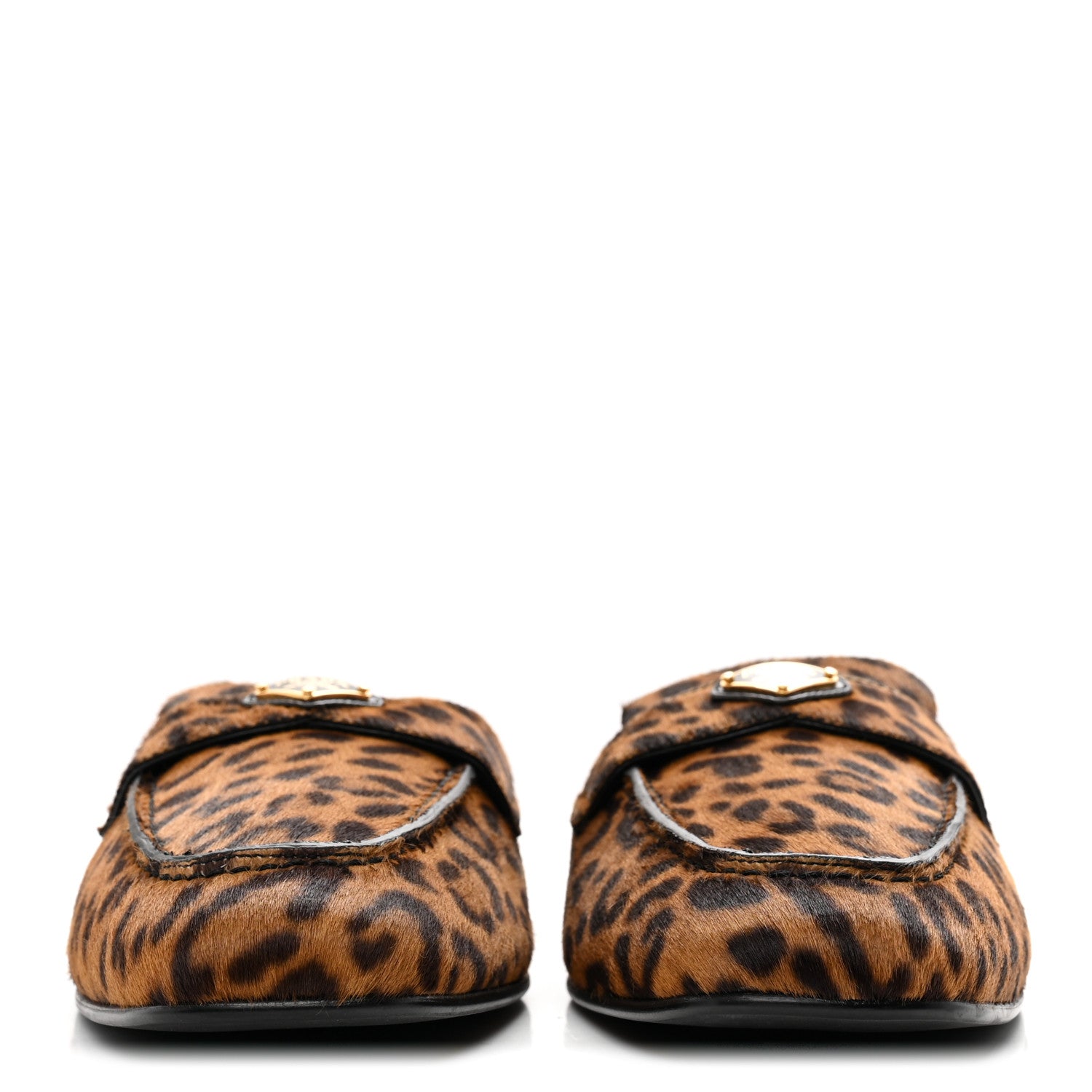 Prada Pony Hair Leopard Metal Triangle Logo 10mm Loafer Mules 40 Brown 3 of 11
