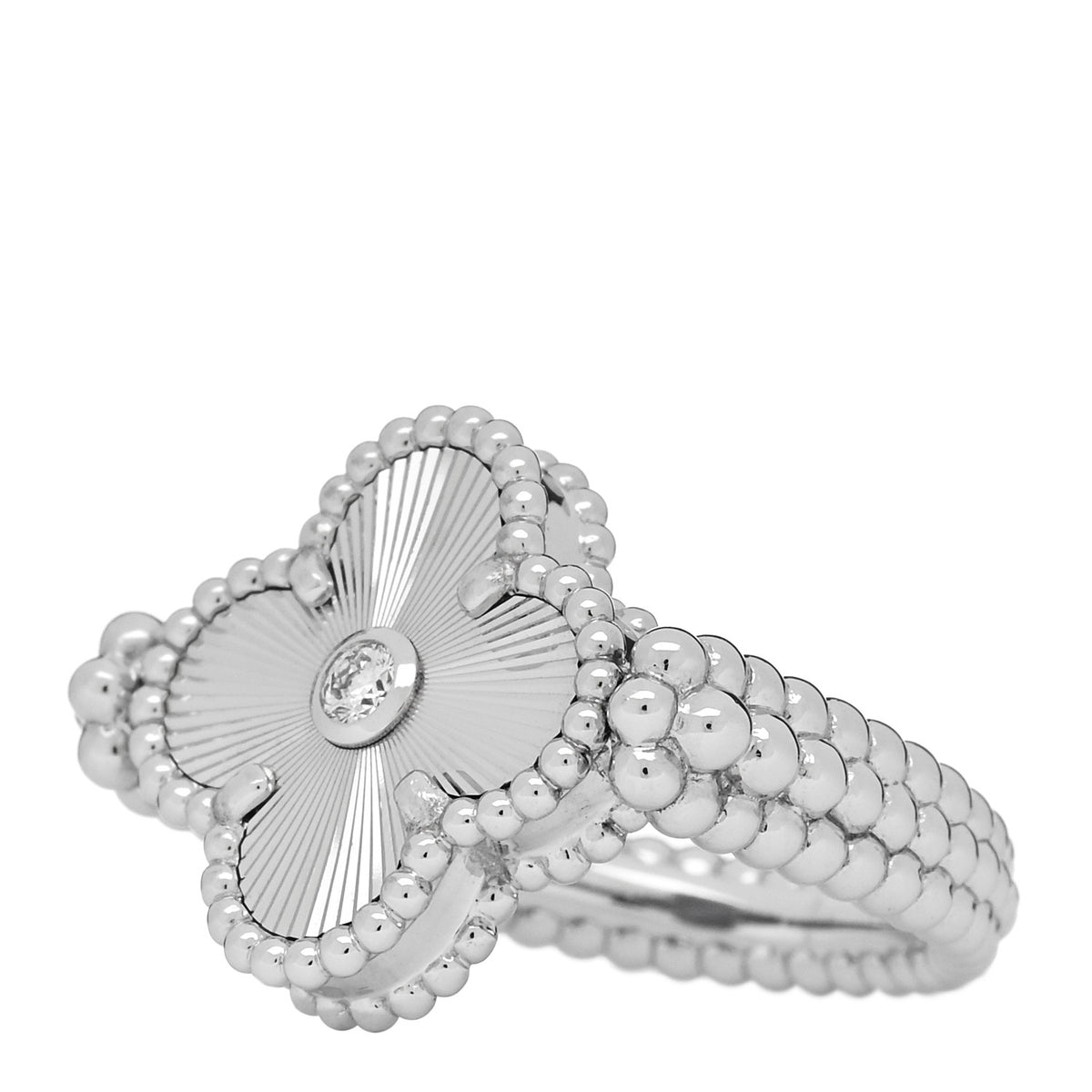 Van Cleef & Arpels 18K White Gold Diamond Chalcedony Reversible Guilloche Vintage Alhambra Ring 54 7 4 of 7
