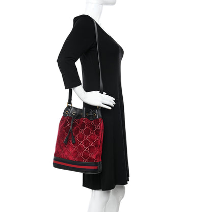 Gucci Velvet GG Monogram Textured Calfskin Web Bucket Bag Red Cipria Black 2 of 11