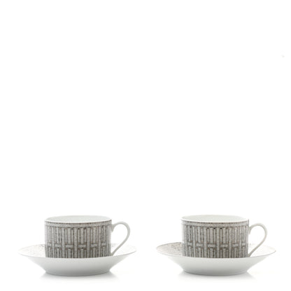 Hermes Porcelain Mosaique Au 24 Breakfast Cup And Saucer Set Of 2 Platine 2 of 10