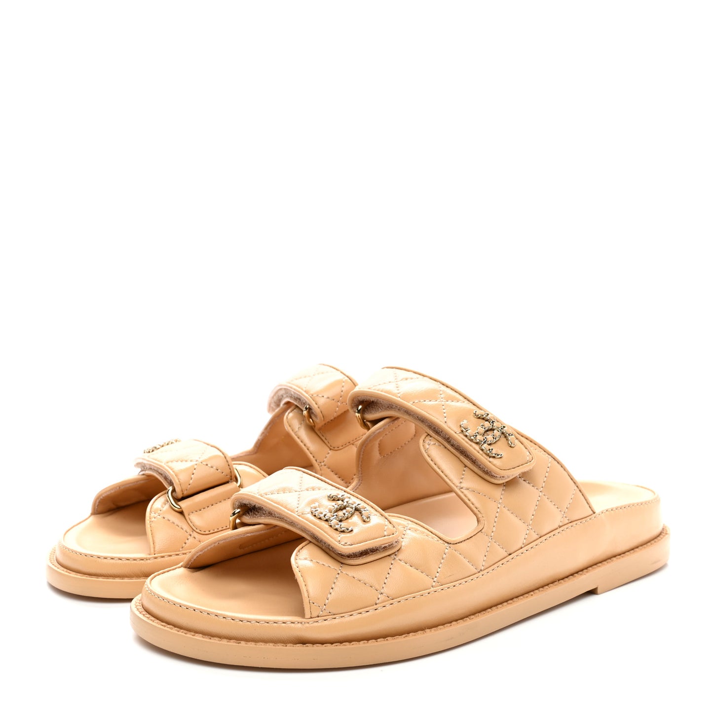 Lambskin Quilted Velcro Dad Chain CC Slide Sandals 39 Beige