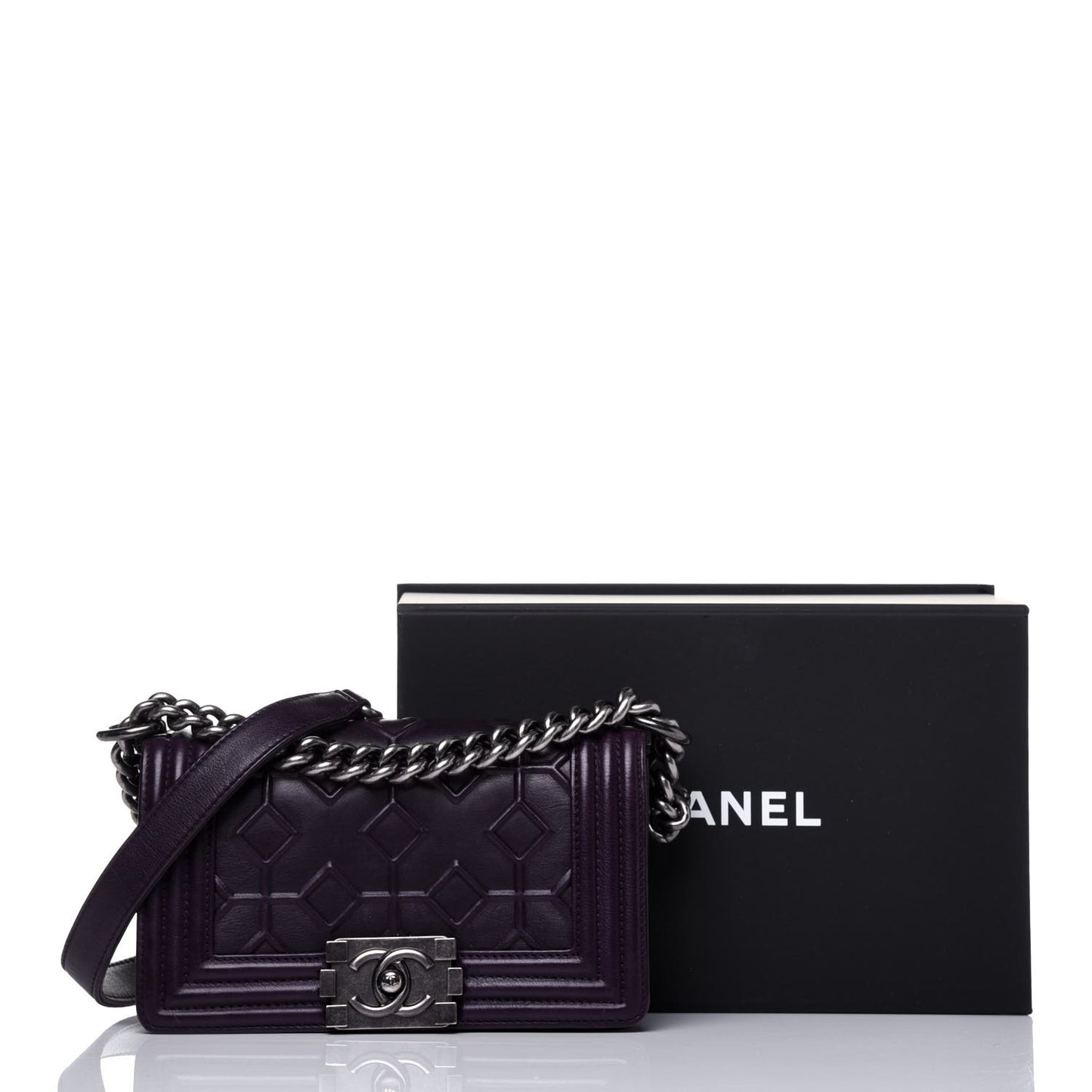 Calfskin Crystal Embossed Small Boy Flap Plum