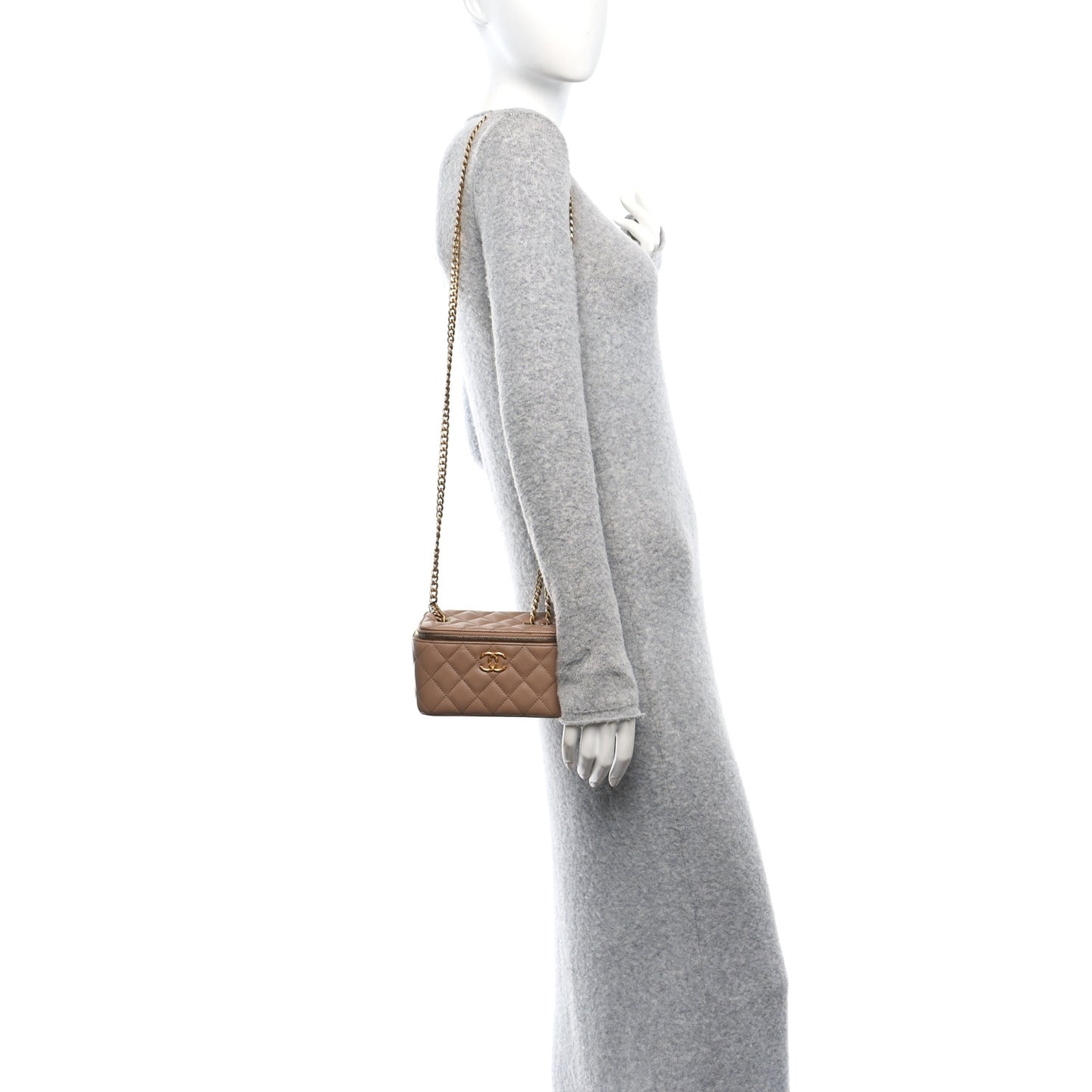 Lambskin Quilted Small Pillow Crush Vanity Case With Chain Beige