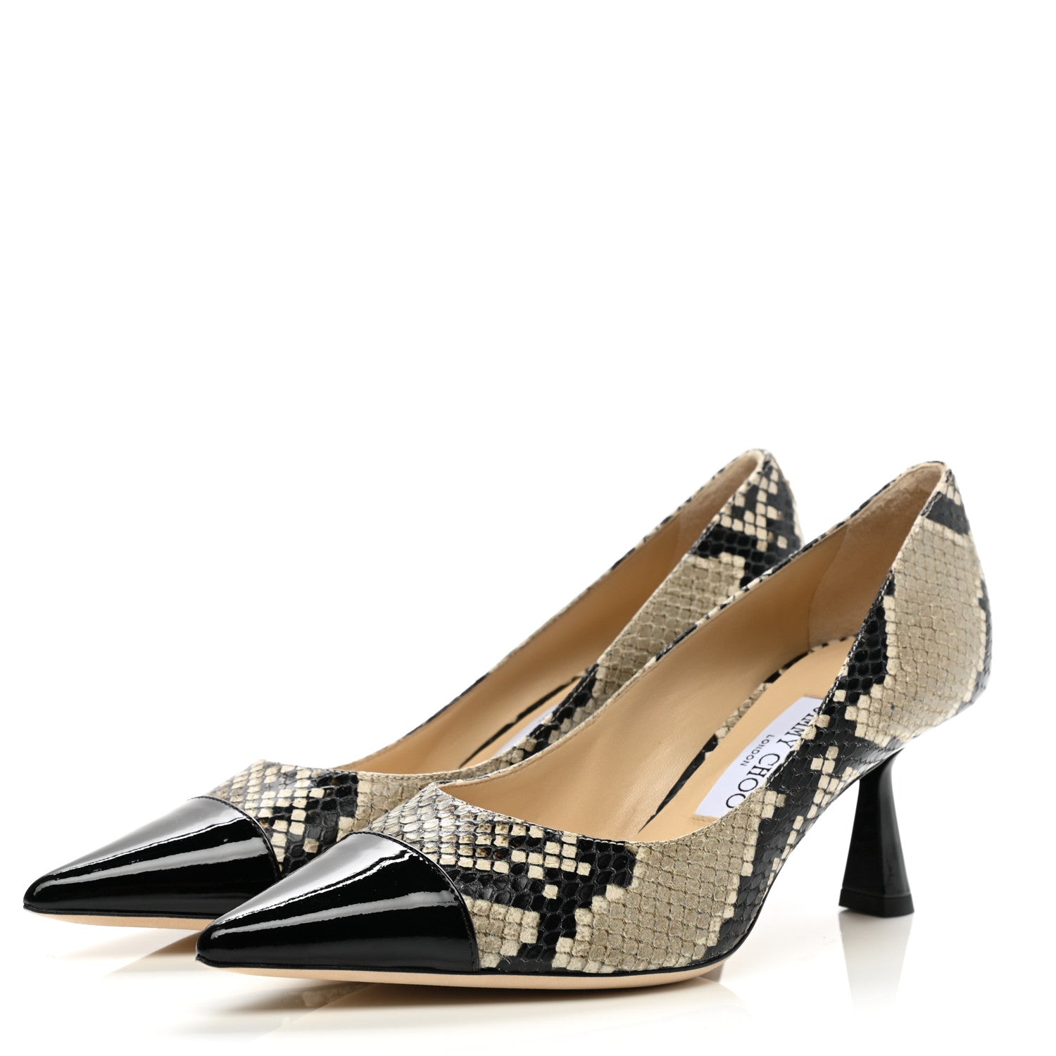 Jimmy Choo Calfskin Snakeskin Embossed Rene 65 Cap Toe Pumps 37.5 Naturel Black 3 of 8