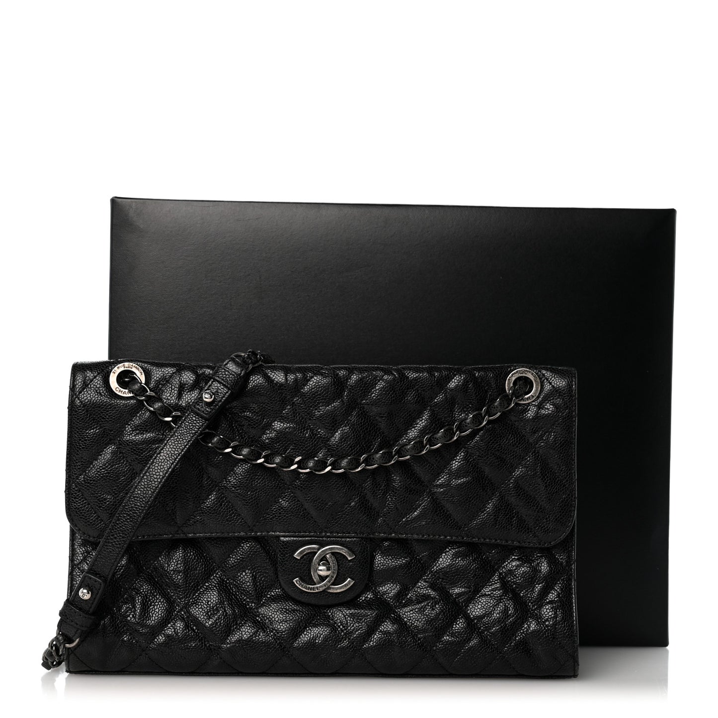 Crumpled Grained Calfskin Jumbo CC Crave Flap Black