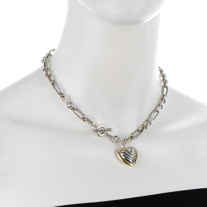 David Yurman Sterling Silver 18K Yellow Gold Cable Heart Figaro Necklace 2 of 4