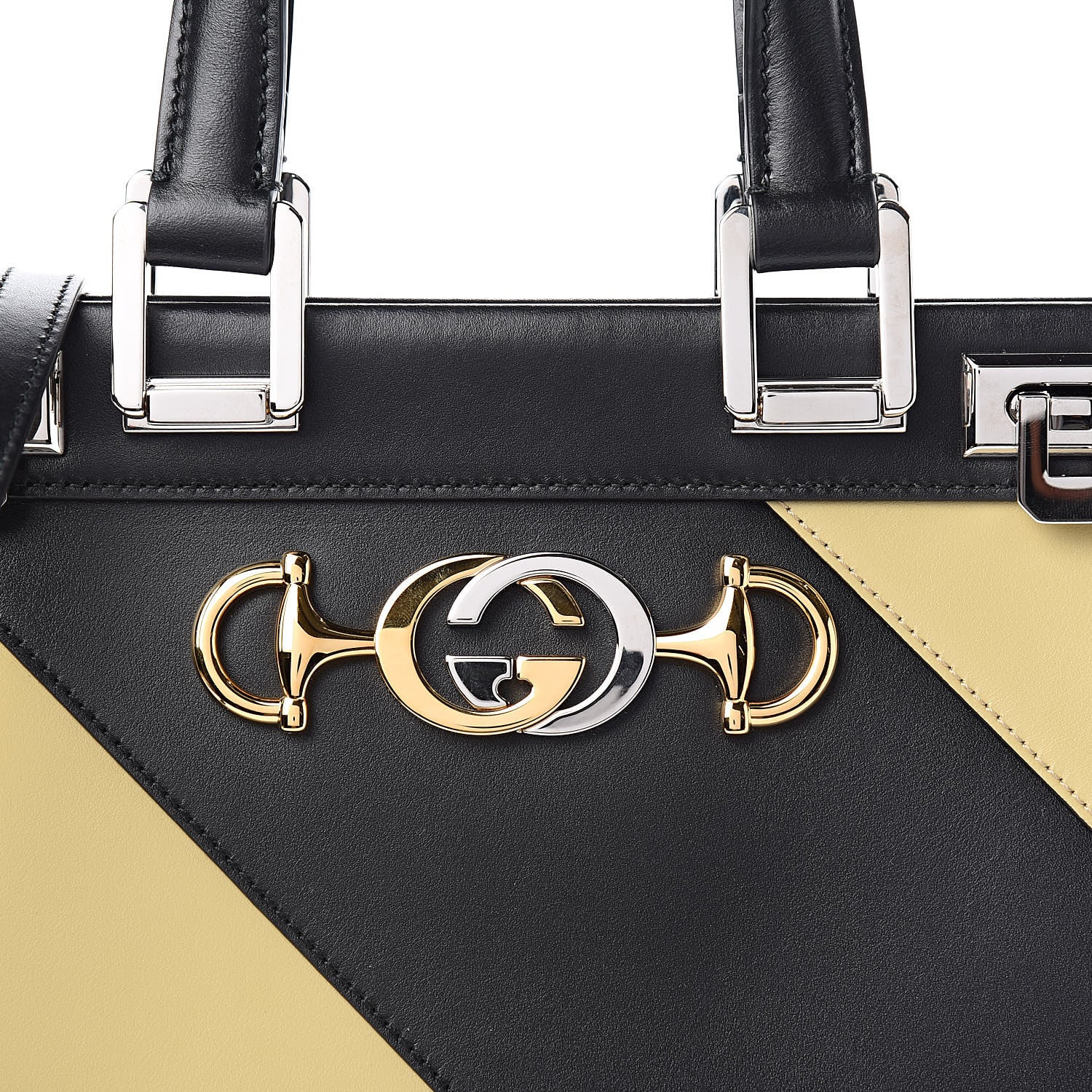 Gucci Smooth Calfskin Diagonal Striped Small Zumi Top Handle Bag Black Beige 10 of 10