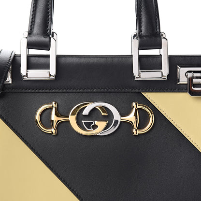 Gucci Smooth Calfskin Diagonal Striped Small Zumi Top Handle Bag Black Beige 10 of 10