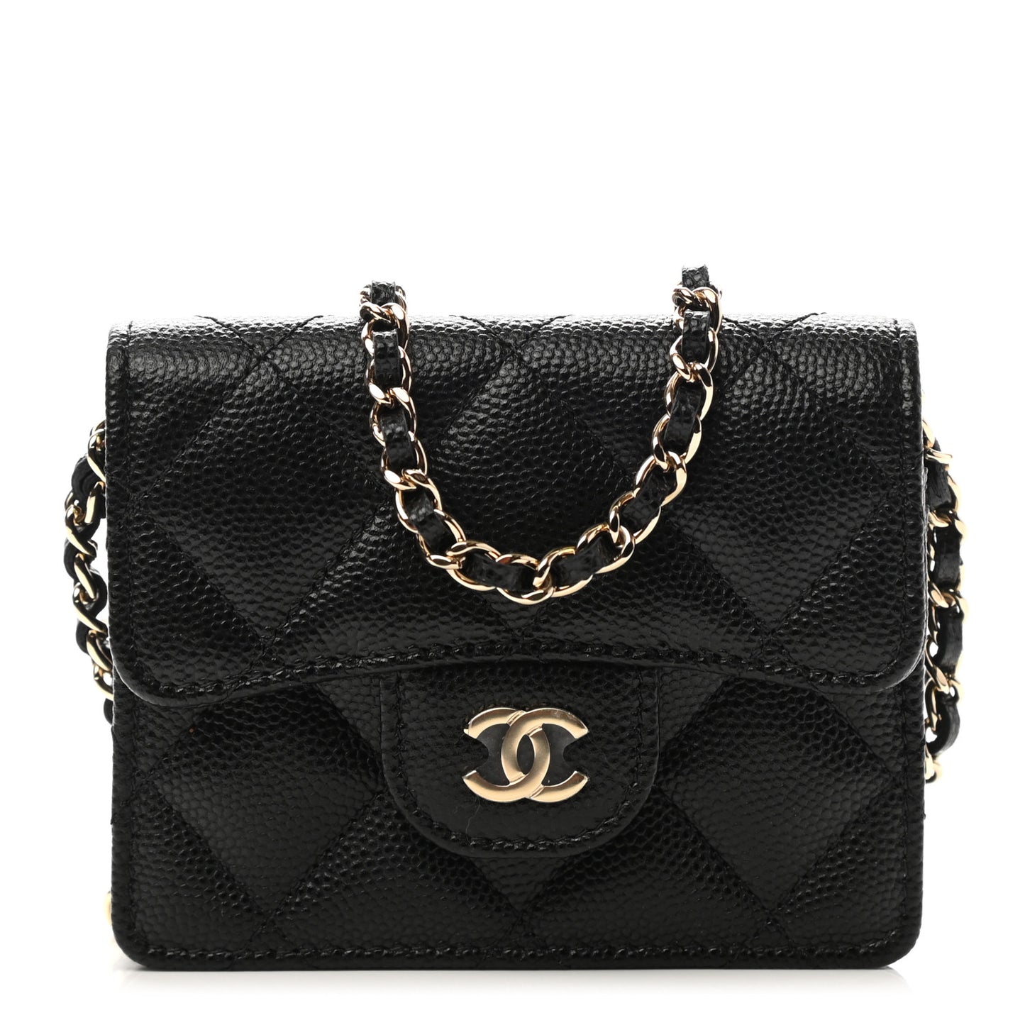 Caviar Quilted Flap Card Holder On Chain Black