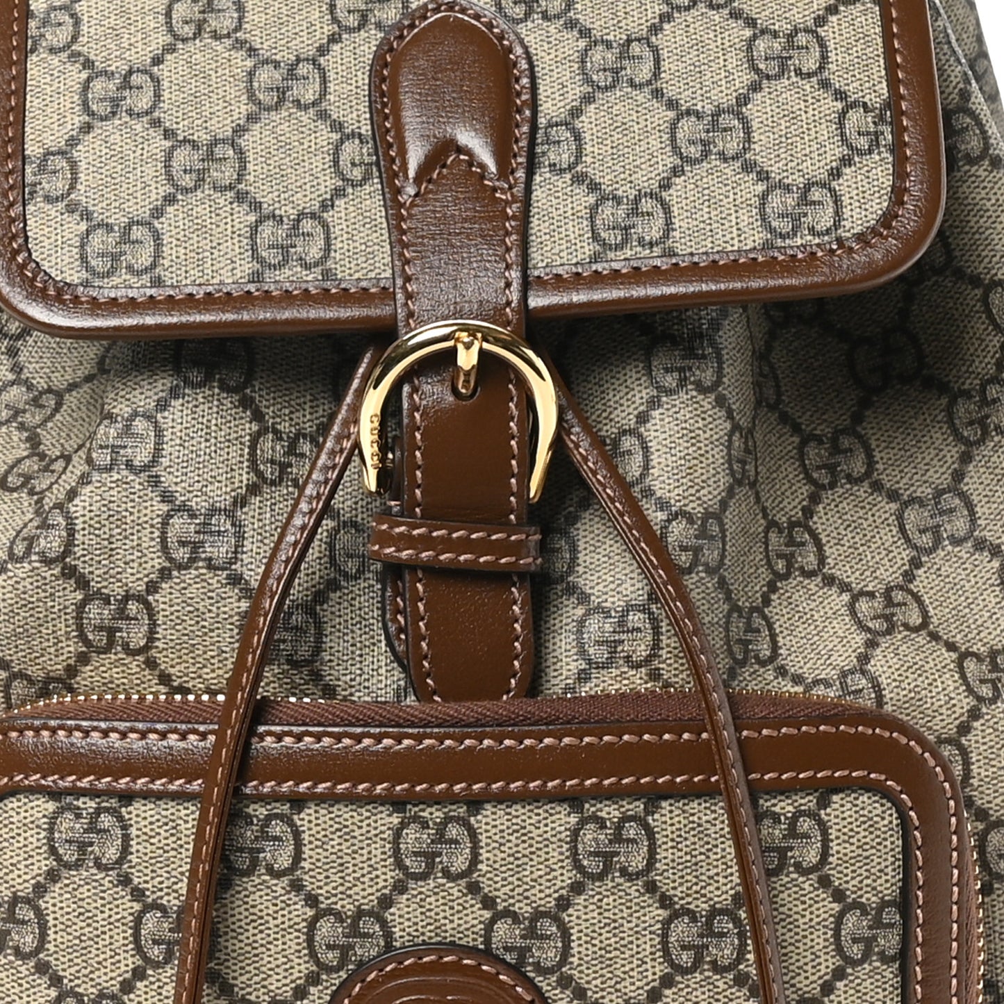 GG Supreme Monogram Azalea Calfskin Retro Interlocking G Buckle Backpack Beige Ebony Brown Sugar