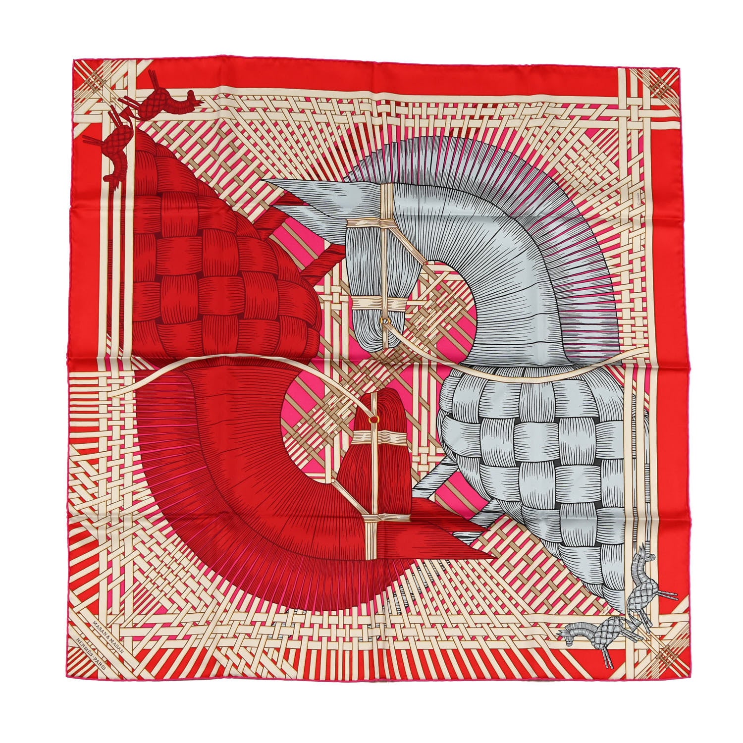 Hermes Silk Masan & Masan Scarf 90 Rouge Rose Vif Gris 1 of 4