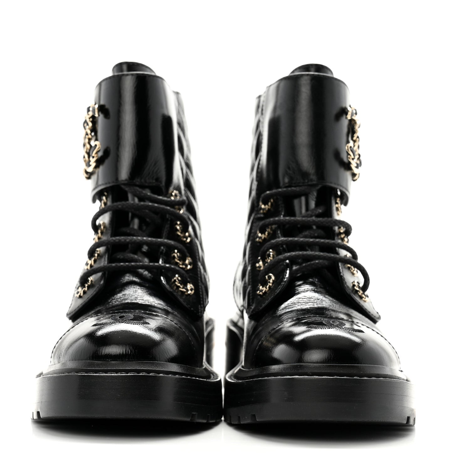 Shiny Calfskin Quilted Lace Up Combat Boots 37 Black