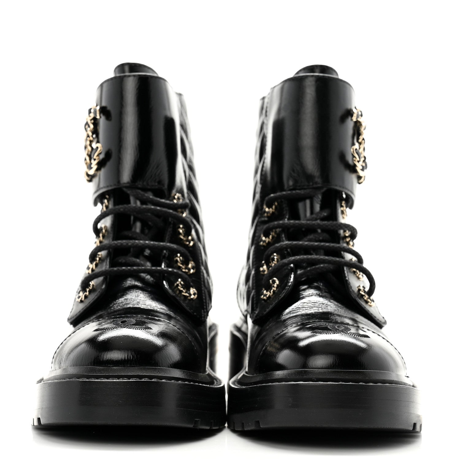 Chanel Shiny Calfskin Quilted Lace Up Combat Boots 37 Black 2 of 12