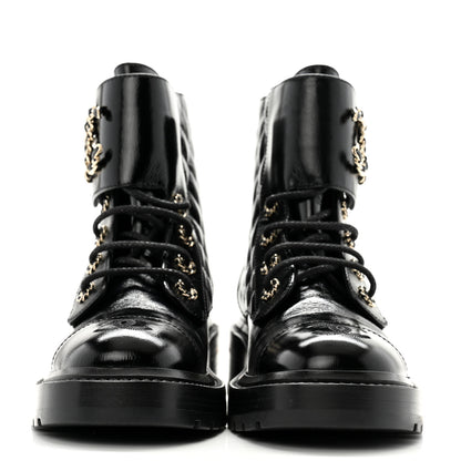 Chanel Shiny Calfskin Quilted Lace Up Combat Boots 37 Black 2 of 12