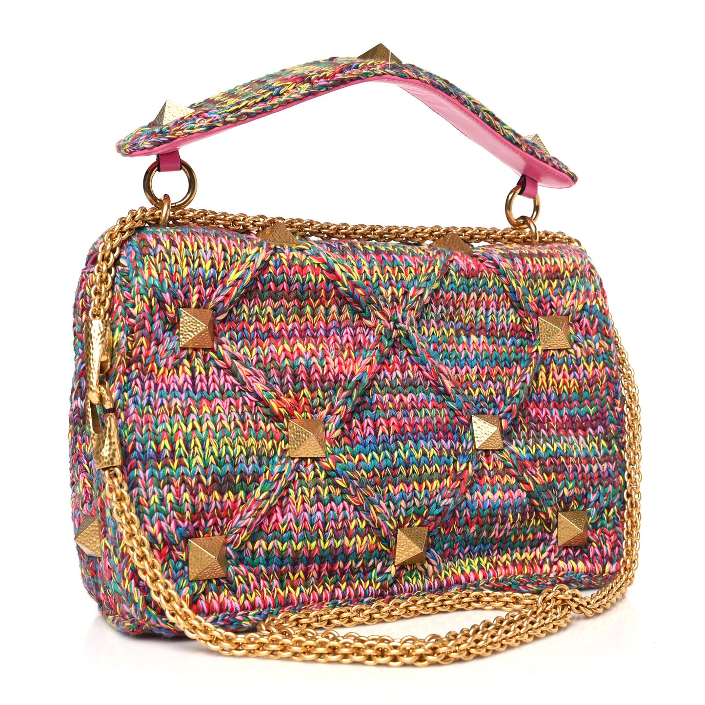 Wool Woven Large Roman Stud Shoulder Bag Multicolor Feminine Pink