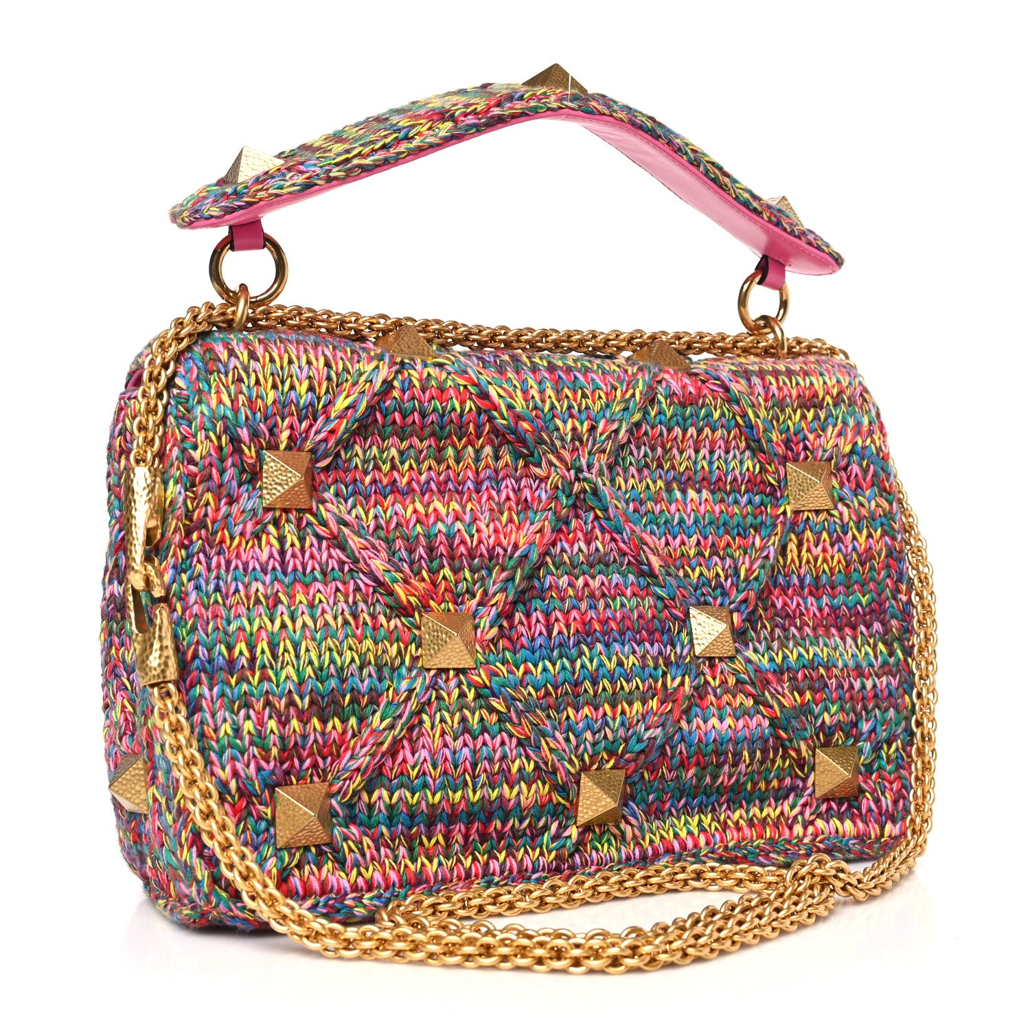 Valentino Garavani Wool Woven Large Roman Stud Shoulder Bag Multicolor Feminine Pink 4 of 8