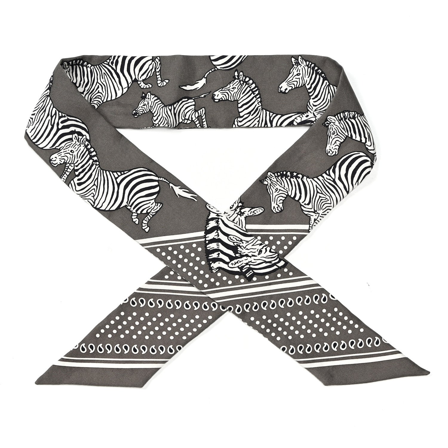 Hermes Silk Les Zebres Twilly Gris Taupe Black White 1 of 4