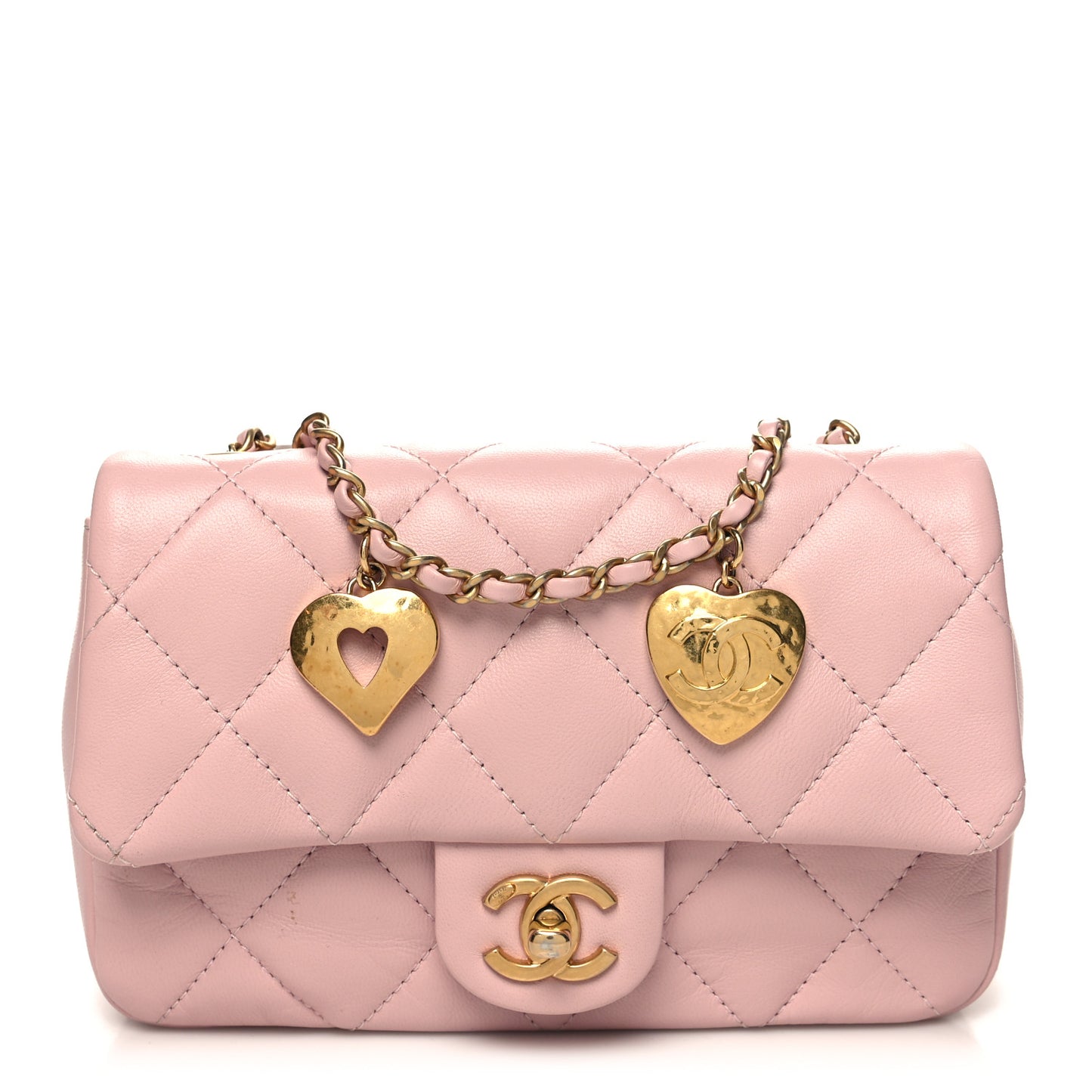 Lambskin Quilted Mini Heart Charms Flap Light Pink