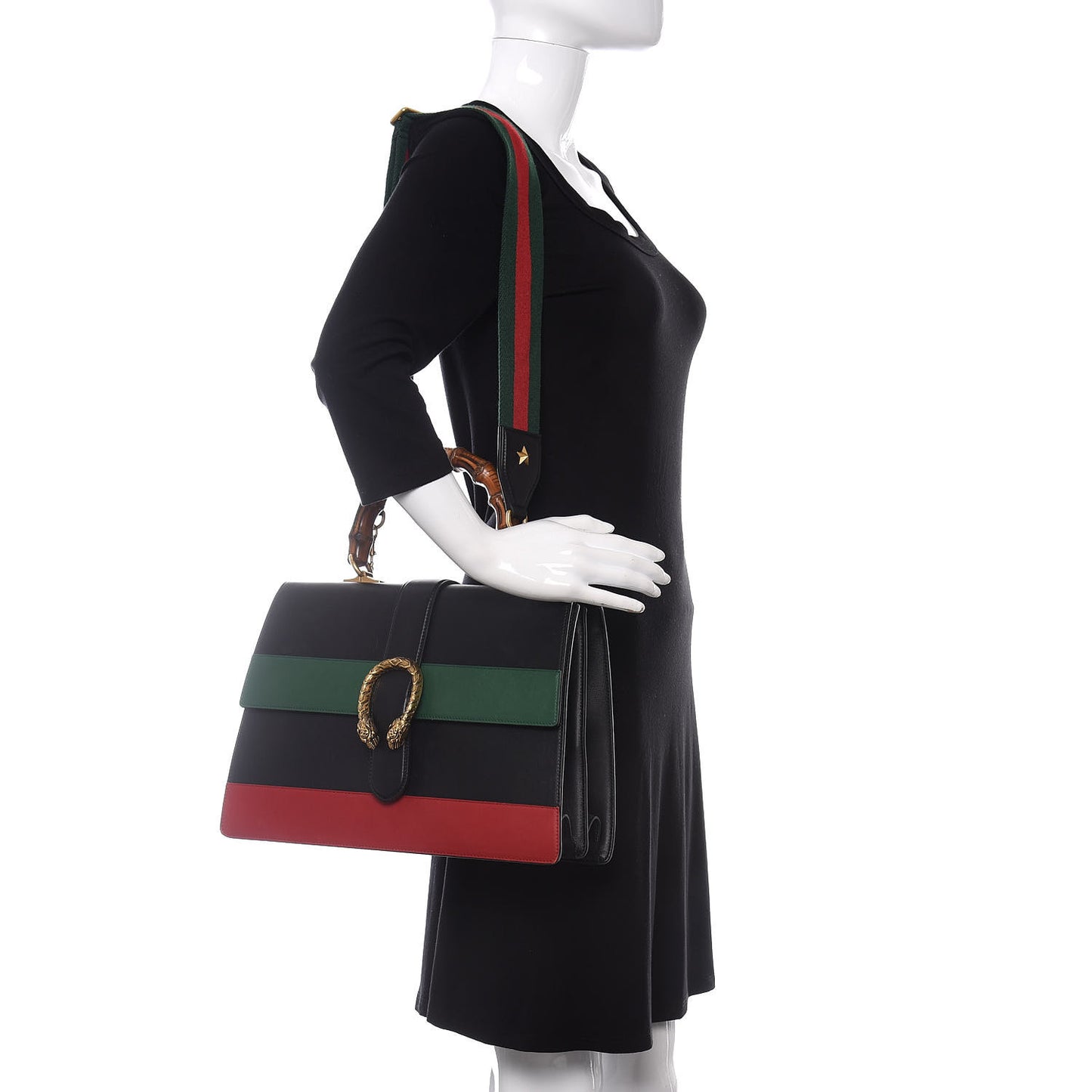 Calfskin Bamboo Web Large Dionysus Top Handle Bag Black Bright Evergreen Hibiscus Red