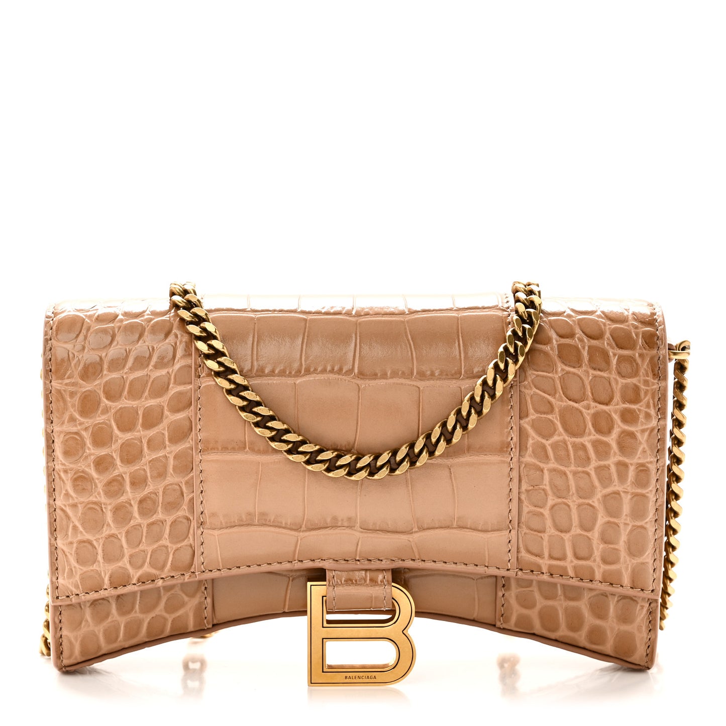 Shiny Calfskin Crocodile Embossed Hourglass Chain Bag Nude Beige