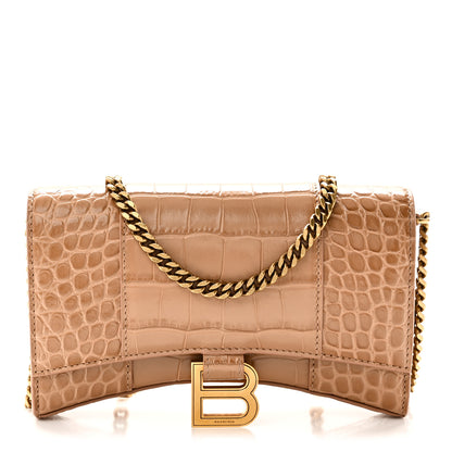 Balenciaga Shiny Calfskin Crocodile Embossed Hourglass Chain Bag Nude Beige 1 of 10