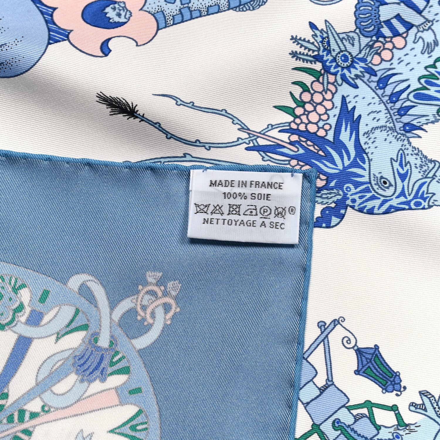Hermes Silk La Folle Parade Scarf 90 Bleu Jean White Rose 6 of 6