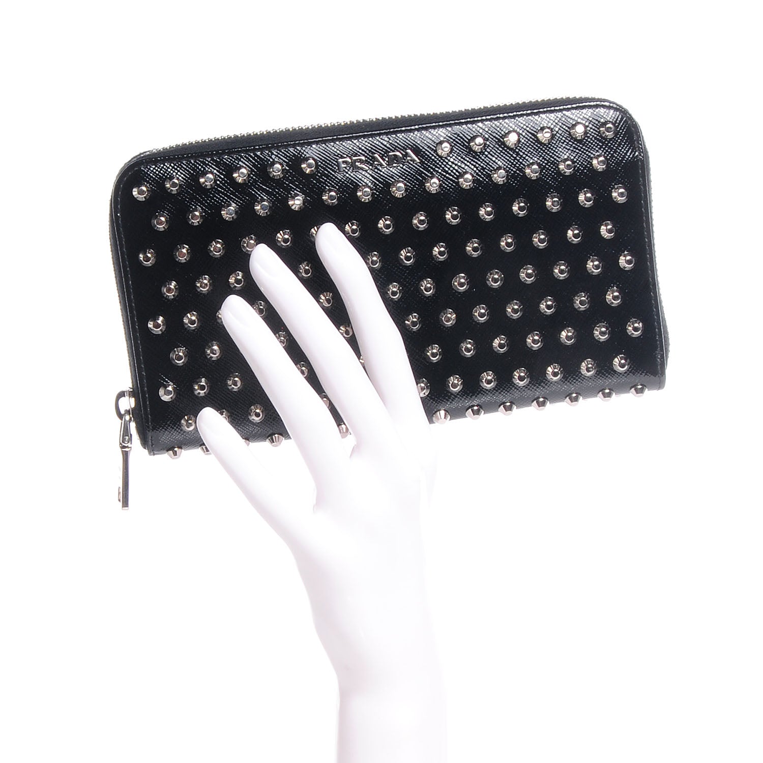 Prada Saffiano Vernice Studded Zip Around Wallet Black 2 of 10