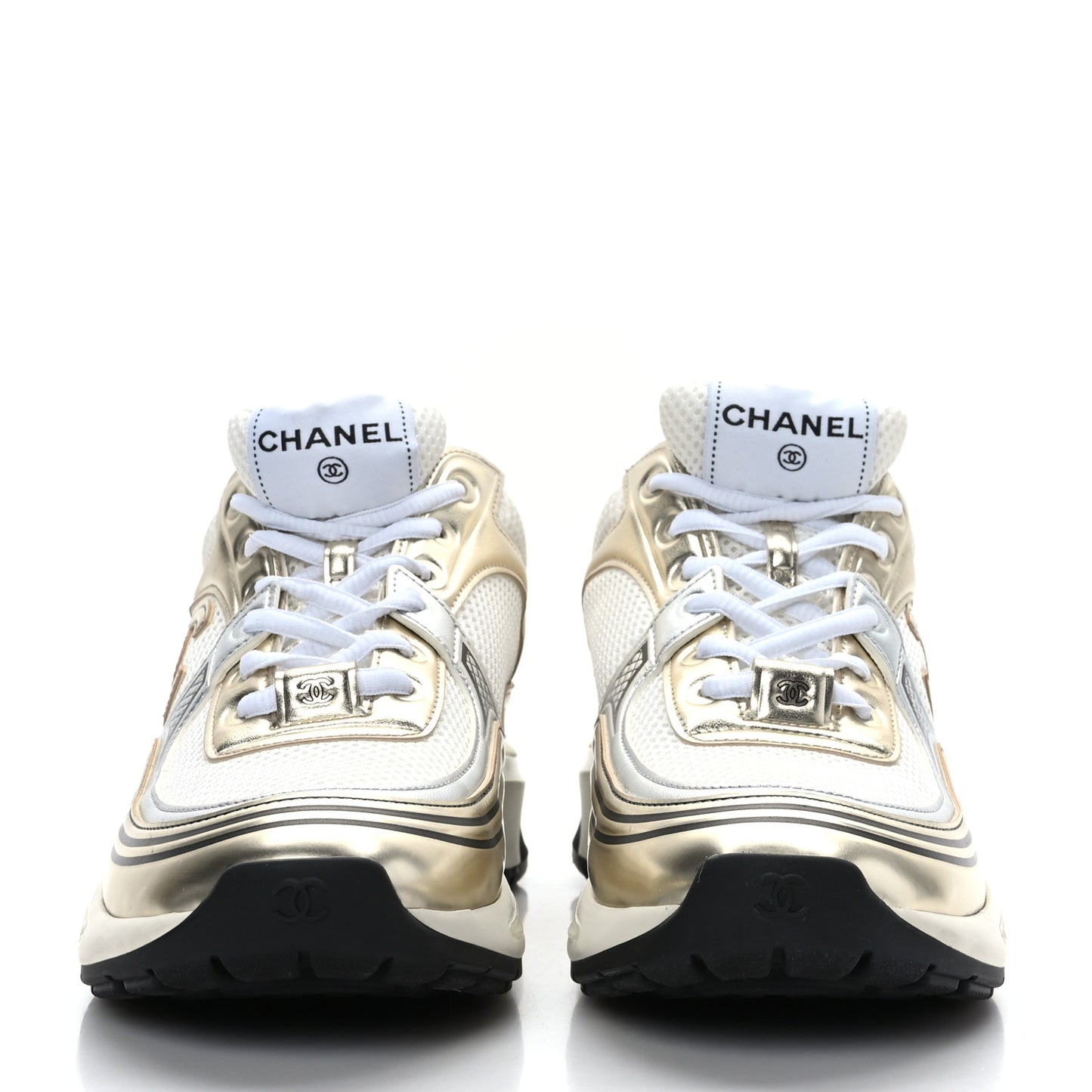 Fabric Laminated Calfskin Stretch CC Womens Sneakers 40 White Gold Silver