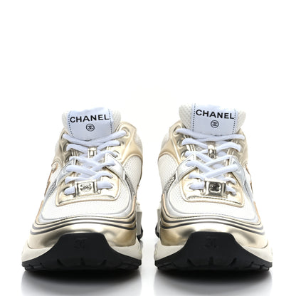 Chanel Fabric Laminated Calfskin Stretch CC Womens Sneakers 40 White Gold Silver 2 of 7