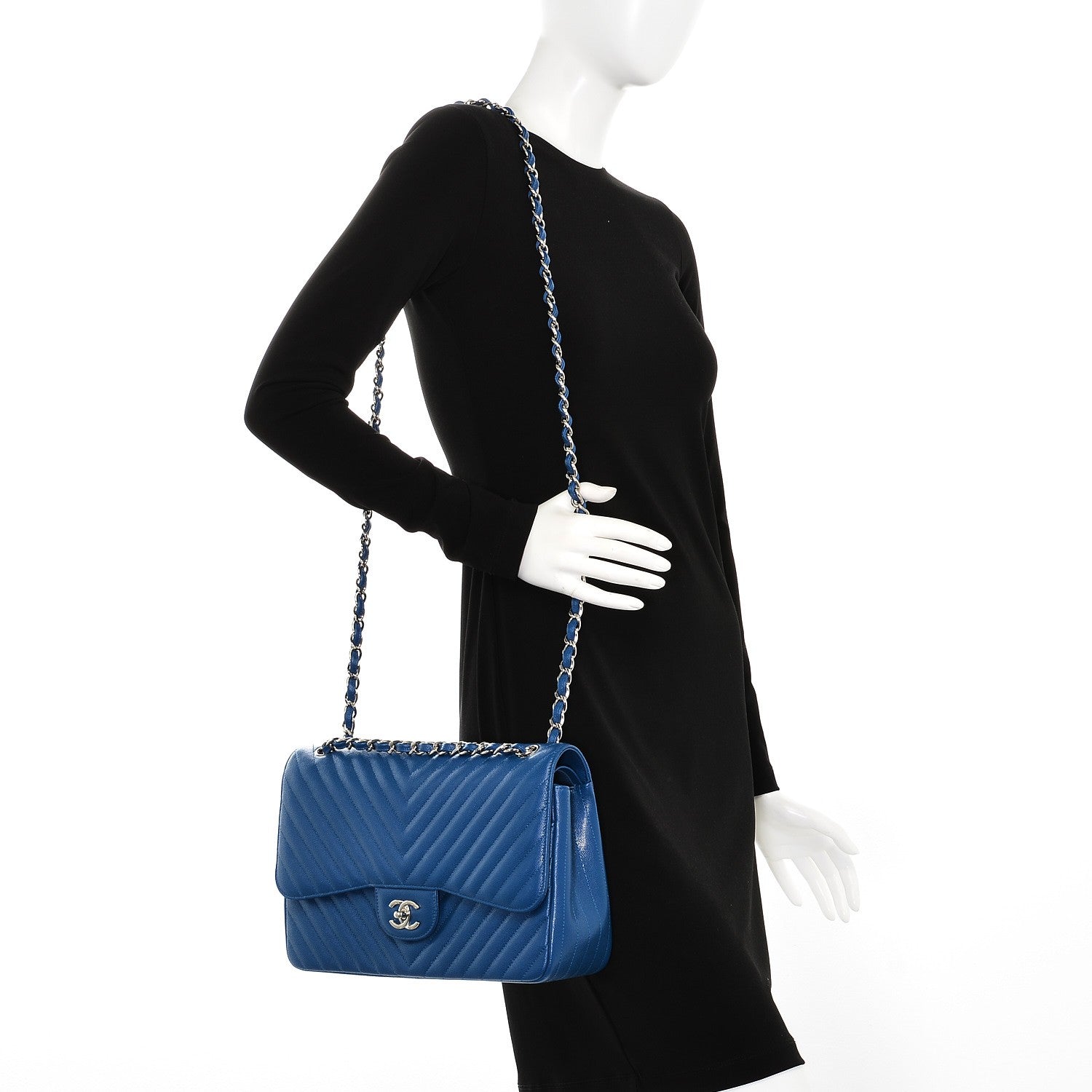 Chanel Caviar Chevron Quilted Jumbo Double Flap Blue 2 of 7