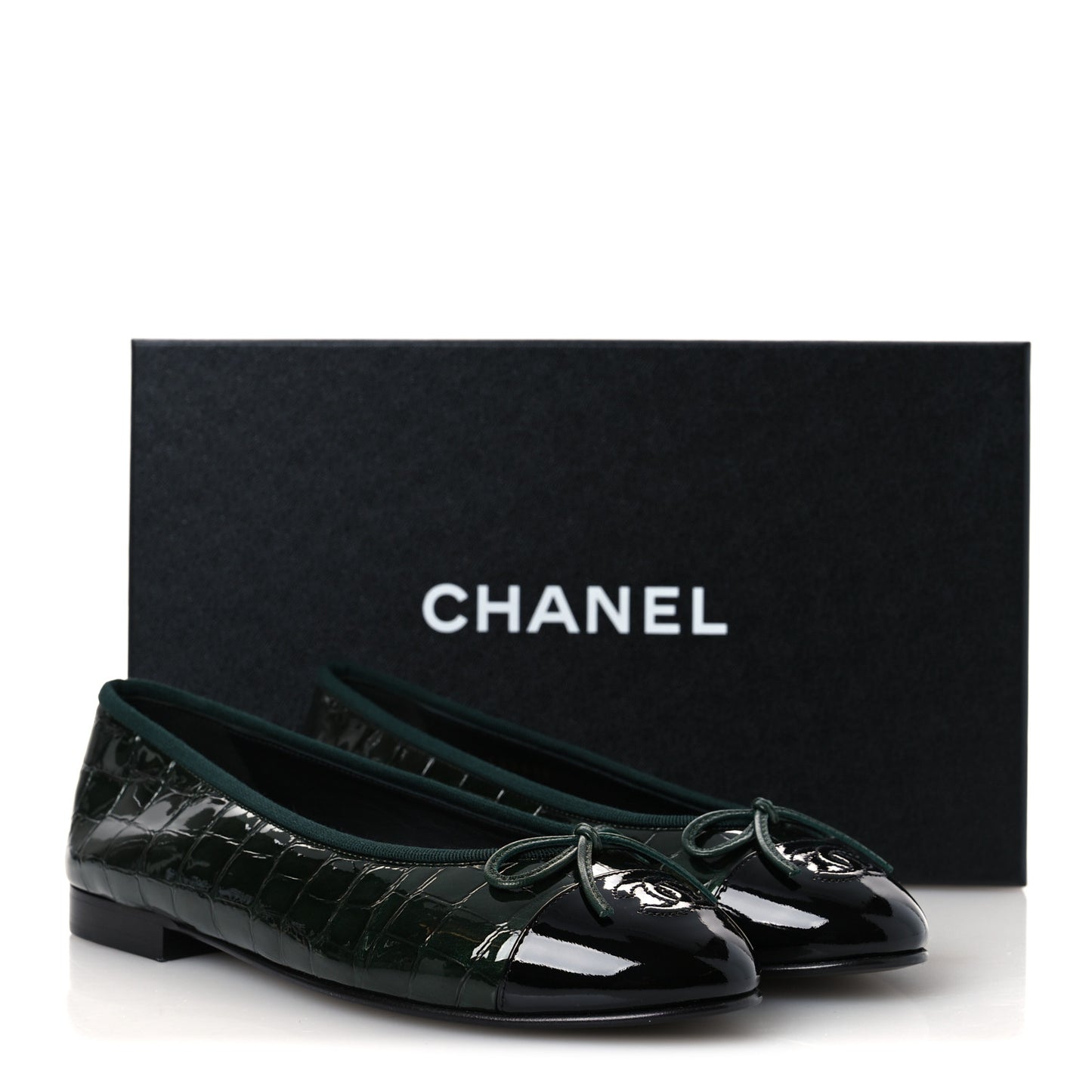Crocodile Embossed Patent Calfskin Cap Toe CC Ballerina Flats 37.5 Dark Green Black
