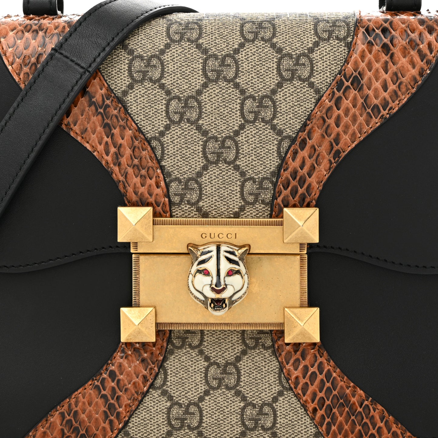 Nappa Elaphe GG Supreme Monogram Medium Osiride Shoulder Bag Black Bright Cuir Beige Ebony