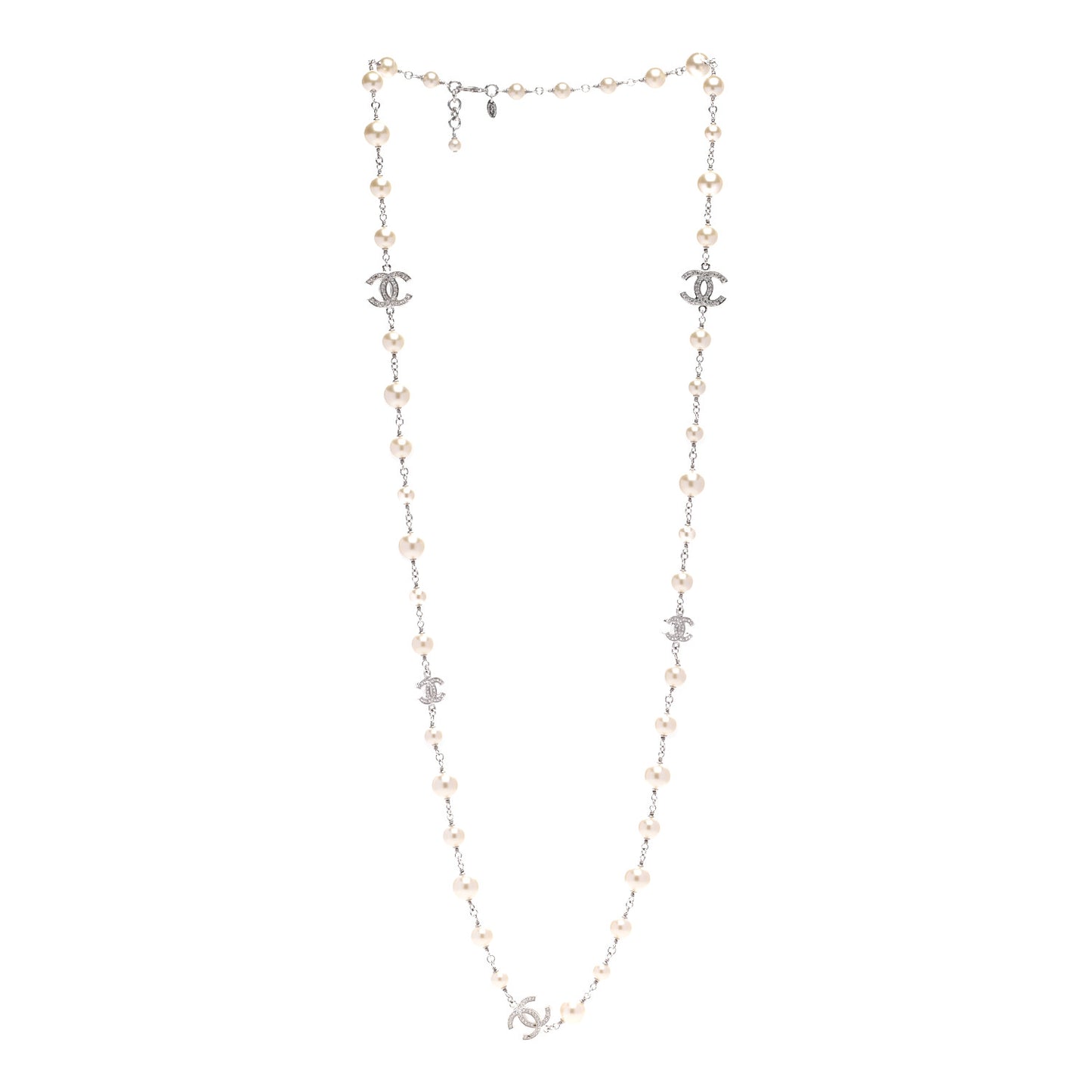 Graduated Pearl Crystal CC Long Necklace Silver