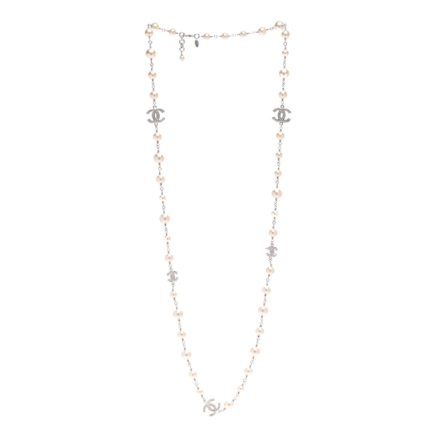 Chanel Graduated Pearl Crystal CC Long Necklace Silver 3 of 6