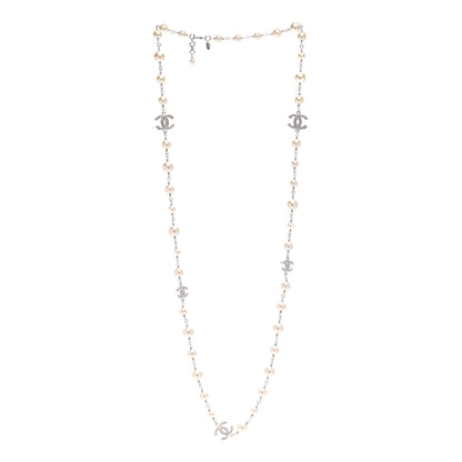 Chanel Graduated Pearl Crystal CC Long Necklace Silver 3 of 6