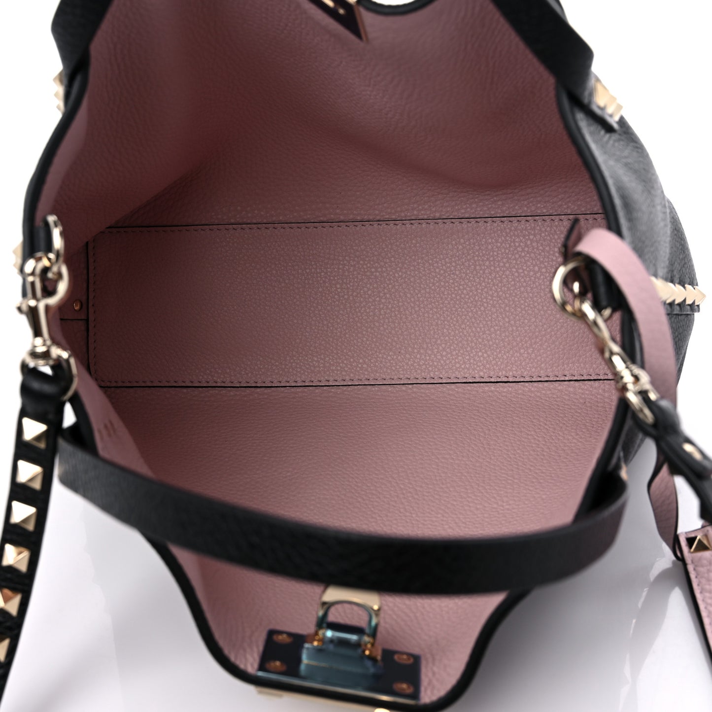 Grained Calfskin Small Rockstud Flip Lock Tote Black Rose Quartz